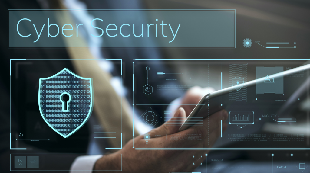 Digital cybersecurity interface featuring a shield and keyhole, binary code, and security analytics.