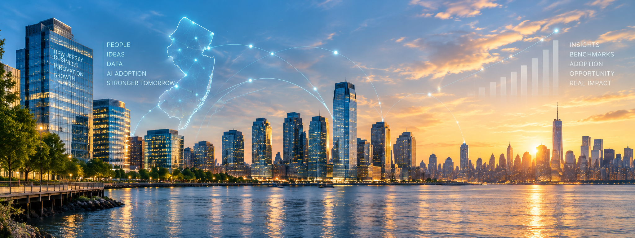 AI adoption analysis visual showing a New Jersey innovation skyline, digital network overlays, and business growth context.
