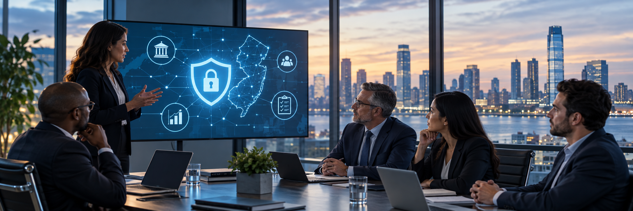 New Jersey business leaders reviewing cybersecurity governance and threat strategy with a digital security shield and New Jersey context.
