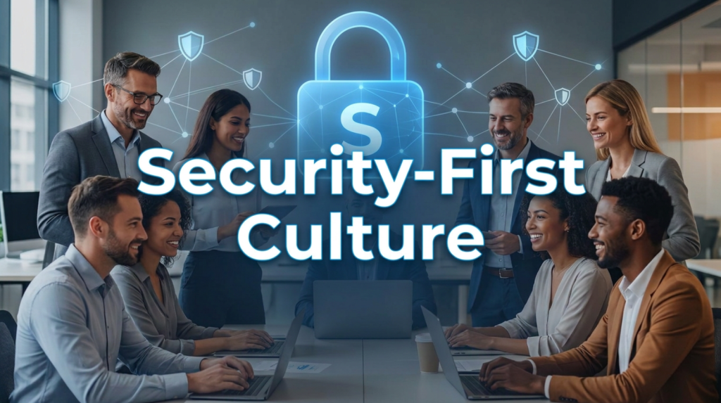IT team collaborating with a network security icon, and “Security-First Culture” text.