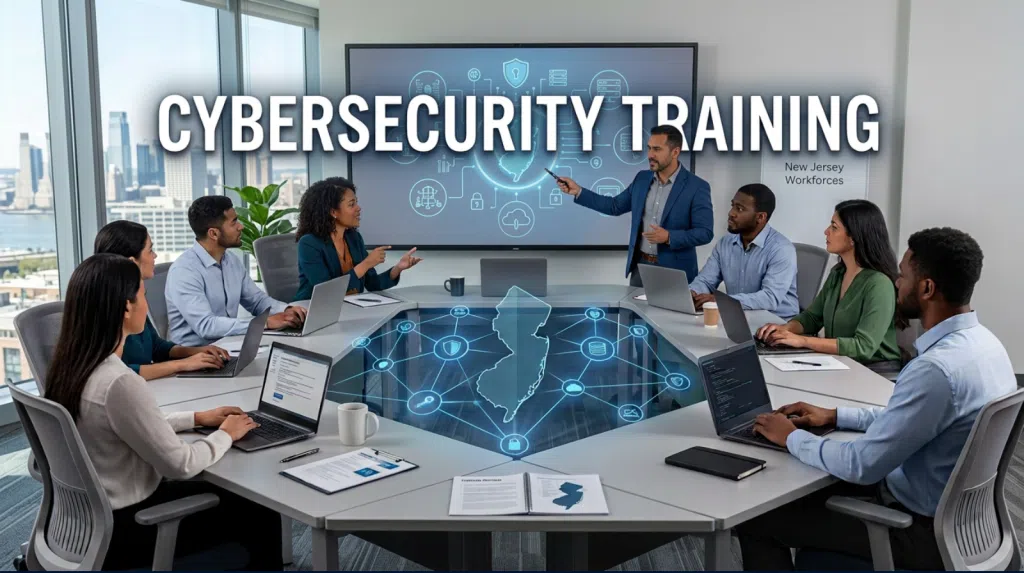 Cybersecurity training session for New Jersey employees in a modern office.