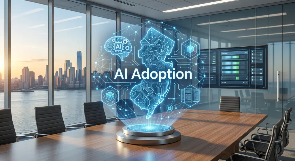 AI adoption hologram highlighting New Jersey in a modern conference room.
